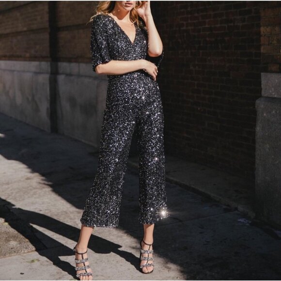 NWT Black Halo Keeley Black Sequins Jumpsuit - Picture 1 of 8